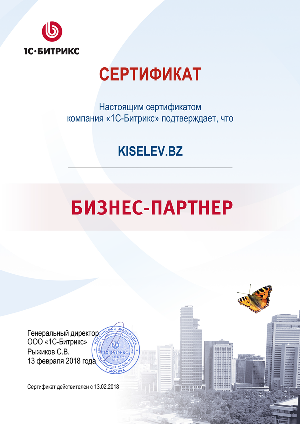 Сертификат партнёра по СРМ системам в Шагонаре